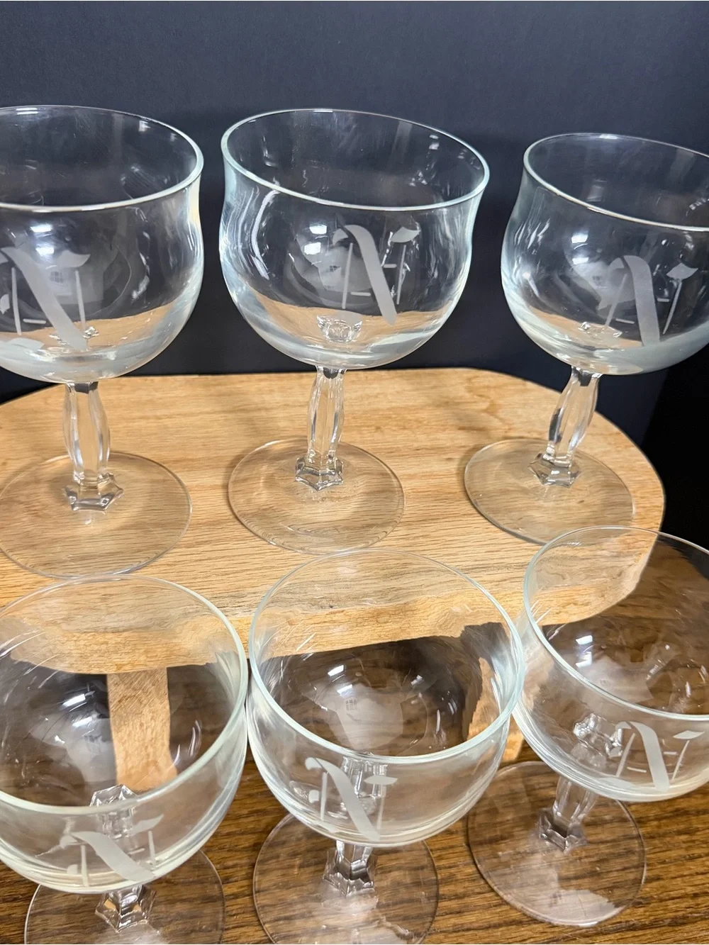 Vintage Monogram N‎ Goblets Set of 6 Etched Wine Glasses Art Deco Style Barware